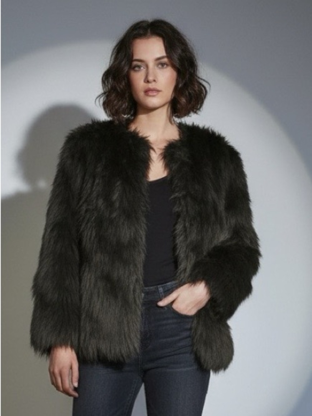 Black Large Faux Fur Jacket Long Sleeve